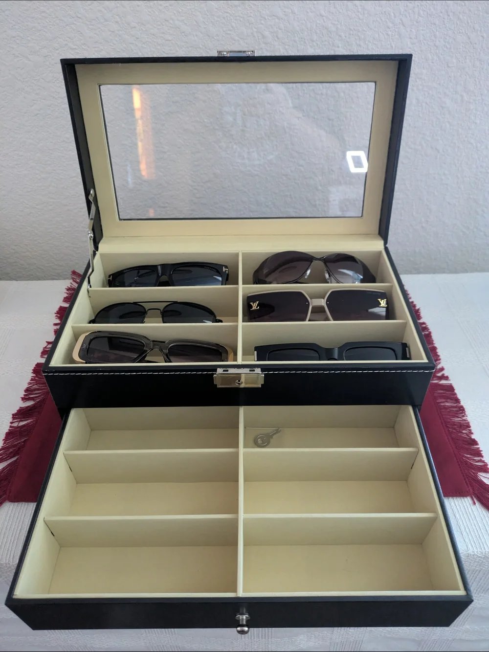 Luxury Black Leather Sunglass Case with Glass Top